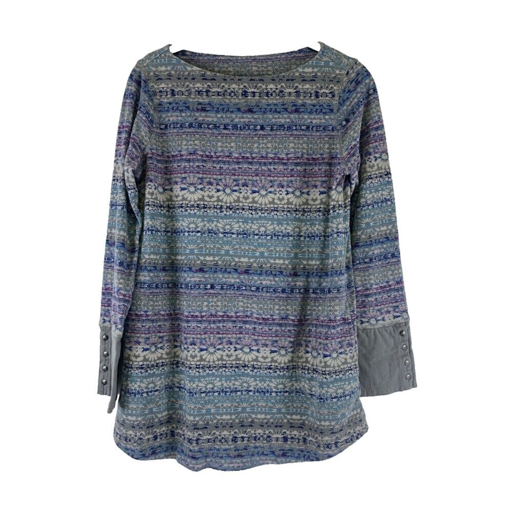 J Jill Thermal Tunic Blue Purple Floral Pockets Boatneck Round Hem Womens XS